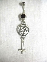 Inverted Pentagram Star and Cross Pewter Charms on 14g Black CZ Belly Ring - £8.02 GBP
