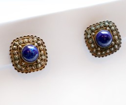 Vintage 50s Italian 800 Silver Earrings Blue Glass Lapis Look Square Clip On - £45.37 GBP