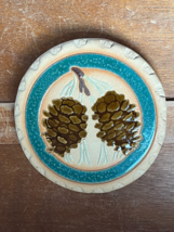 Ashley Signed Round Orange Clay w Brown Pine Cones &amp; Green Ring Arts &amp; C... - £18.72 GBP