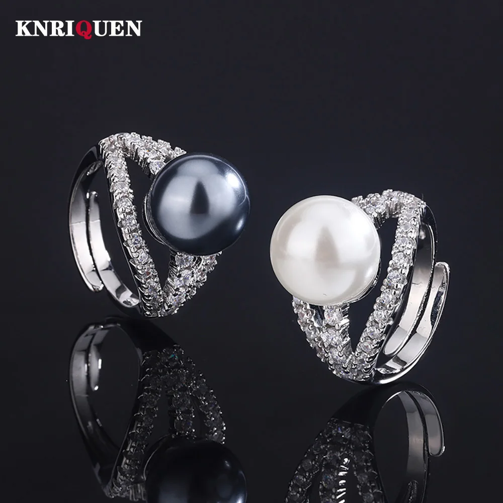 2023 Trend 12MM Black White Big Pearl Adjustable Rings for Women Lab Diamond - £12.39 GBP
