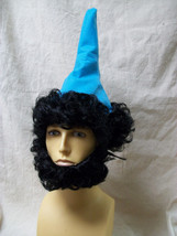 Light Blue Elf Hat w/ Black Wig &amp; Beard Dwarf Gnome Snow White Bashful Sleepy - £9.40 GBP