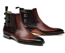 Handmade Chelsea Leather Boots, Ankle High Triple Buckle Boots - £142.35 GBP