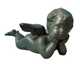 Vintage 1988 Ceramic Bisque Cherub on Belly Angel Green Teal Copper Painted - $16.48
