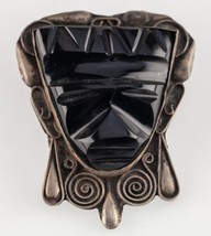 Vintage Aztèque Masque En Onyx Noir Fixé En 900 Argent Broche 20.7g - $109.65