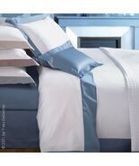 Yves Delorme White Queen Flat Sheet  Baltic Blue Wide Border Sateen Coco... - $76.00
