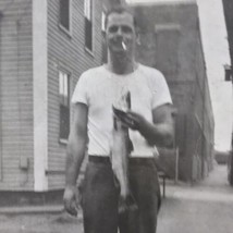 Man with Fish White T-Shirt Smoking Old Original Photo BW Vintage Photog... - $10.50
