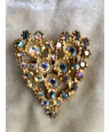 Vintage Heart Brooch Crystal AB Rhinestones 40mm Large Gold Tone 1.5&quot; x ... - $20.22 CAD