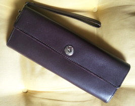 Etienne Aigner Sleek Brown Leather Clutch Wallet Wristlet Silver Hardware - $23.99
