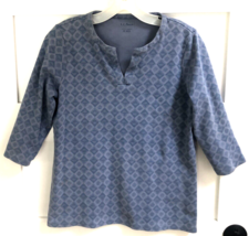 Nice LL Bean M Soft Cotton Blue Geometric Split Neck 3/4 Sleeve Top - $24.74