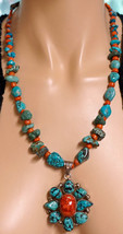 Navajo Sterling Silver Turquoise &amp; Coral Necklace and Pendant - £240.34 GBP