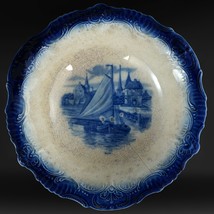 Antique Flow Blue 11&quot; Round Serving Bowl with Delft Boat Scene Lebeau/Se... - $87.08