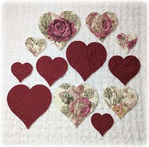 Vintage Cutter Quilt FeedSack Heart Applique Die Cuts Roses and Burgundy... - £11.20 GBP