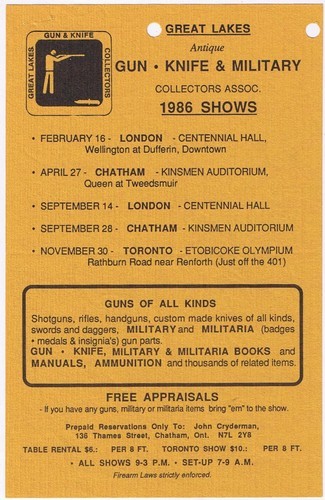Great Lakes Gun Knife &amp; Military 1986 Shows Flyer Chatham London Toronto - $1.43