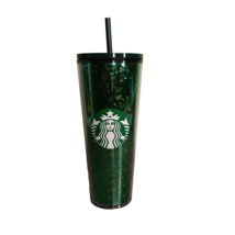 New Starbucks Christmas Mercury Glitter Green Tumbler 24oz Cold Cup w Straw - £14.12 GBP
