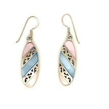 Vintage Sign Sterling Silver Inlay color Pink and Blue Mother Of Pearl Earrings - £31.61 GBP