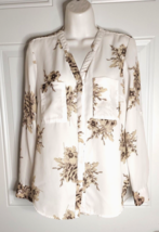Simply Styled White Floral Roll Tab Sleeve Button Down Tunic Top Blouse Small - £9.67 GBP