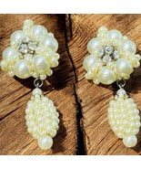 Vtg Pearl Rhinestone Beaded Clip-On Earrings Elegant Floral Drop Dangle ... - $25.36 CAD