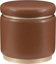 Linon Lexington Caramel Faux Leather Round Storage Ottoman With Wood Accent - £86.24 GBP