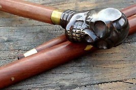 Vintage Style Brass Handle Walking Stick Brown Shaft Skull Head Wooden Cane - £26.31 GBP