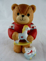 Lucy &amp; Me Bear holding Rocking Horse w Lamb toy by foot Enesco 1984 Lucy Rigg 3&quot; - £14.85 GBP