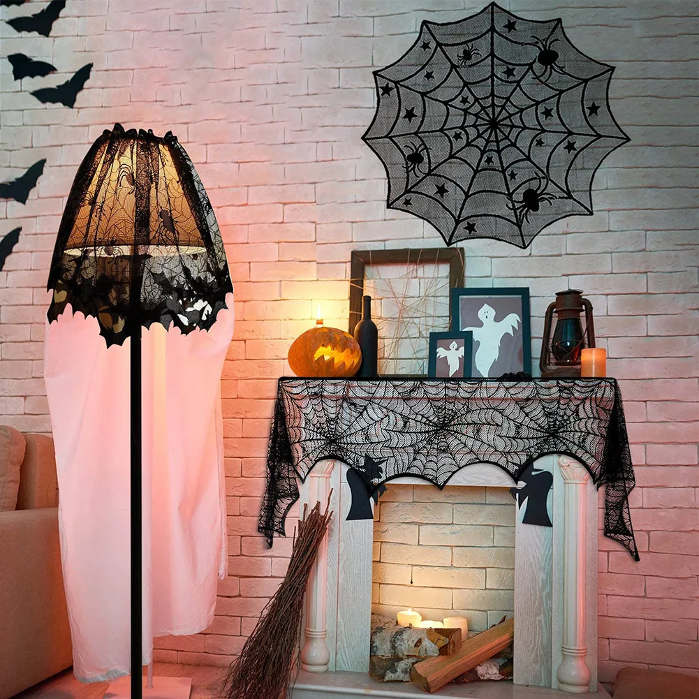 House Home Halloween Decoration Lace Spider Web A Skull Tablecloth Runner Black  - £20.10 GBP