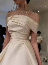 Boat Neck Satin Floor Length Beads Evening Dress Shining  Prom Dress Ivory Dress - £109.04 GBP