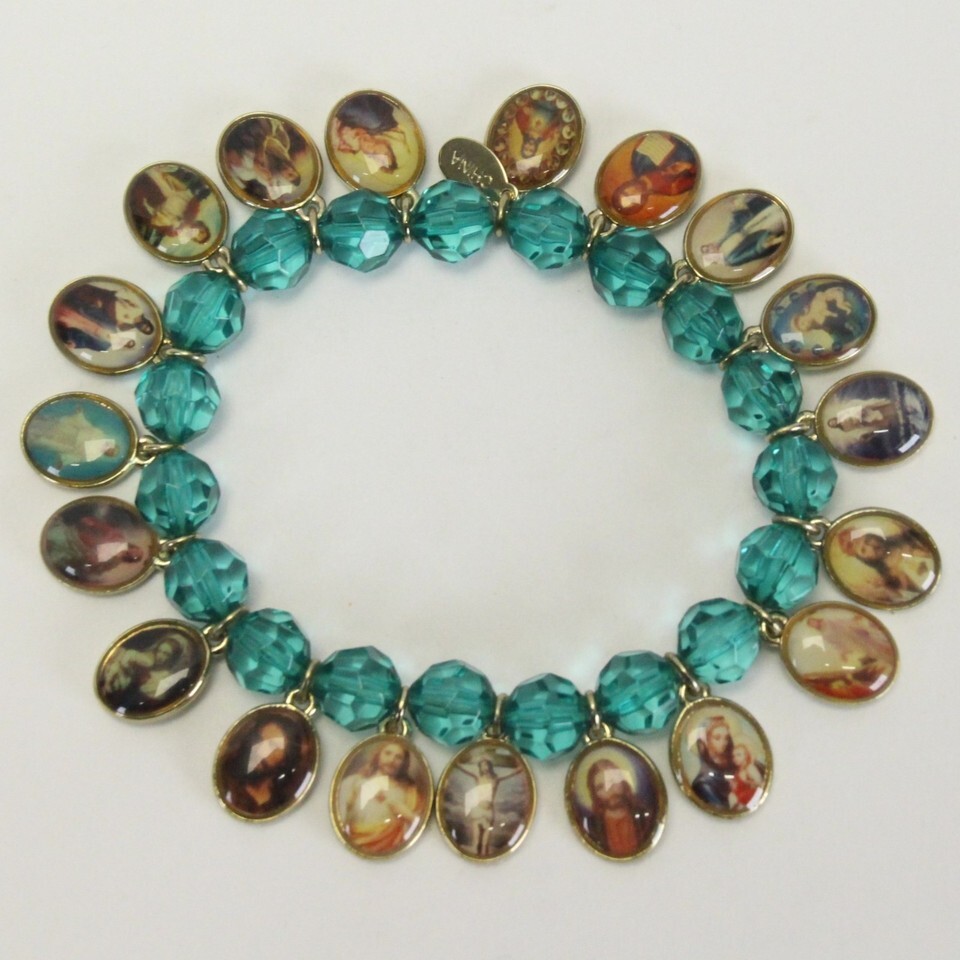 Catholic Teal Stretch Bracelet Jesus Virgin Mary Saints 19 Charms - $9.79