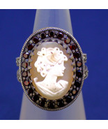CAMEO SOLITAIRE &amp; GARNET RING REAL SOLID .925 STERLING SILVER 9.4 g SIZE 6 - £115.33 GBP
