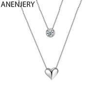 ANENJERY Silver Color Delicate Double Layer Heart Zircon Pendant Necklace Trend  - £12.63 GBP