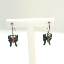 Vintage Sterling Sign KL Navajo inlay Turquoise Coral Butterfly Dangle Earrings - £31.65 GBP