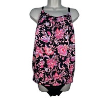 Lands&#39; End Floral Tankini Swimsuit Set Size 8 DDD Pink Black High Neck B... - $28.50