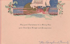 Vintage Christmas Card Ship at Sea Holly Red Border Gold Moon 1929 - $7.91
