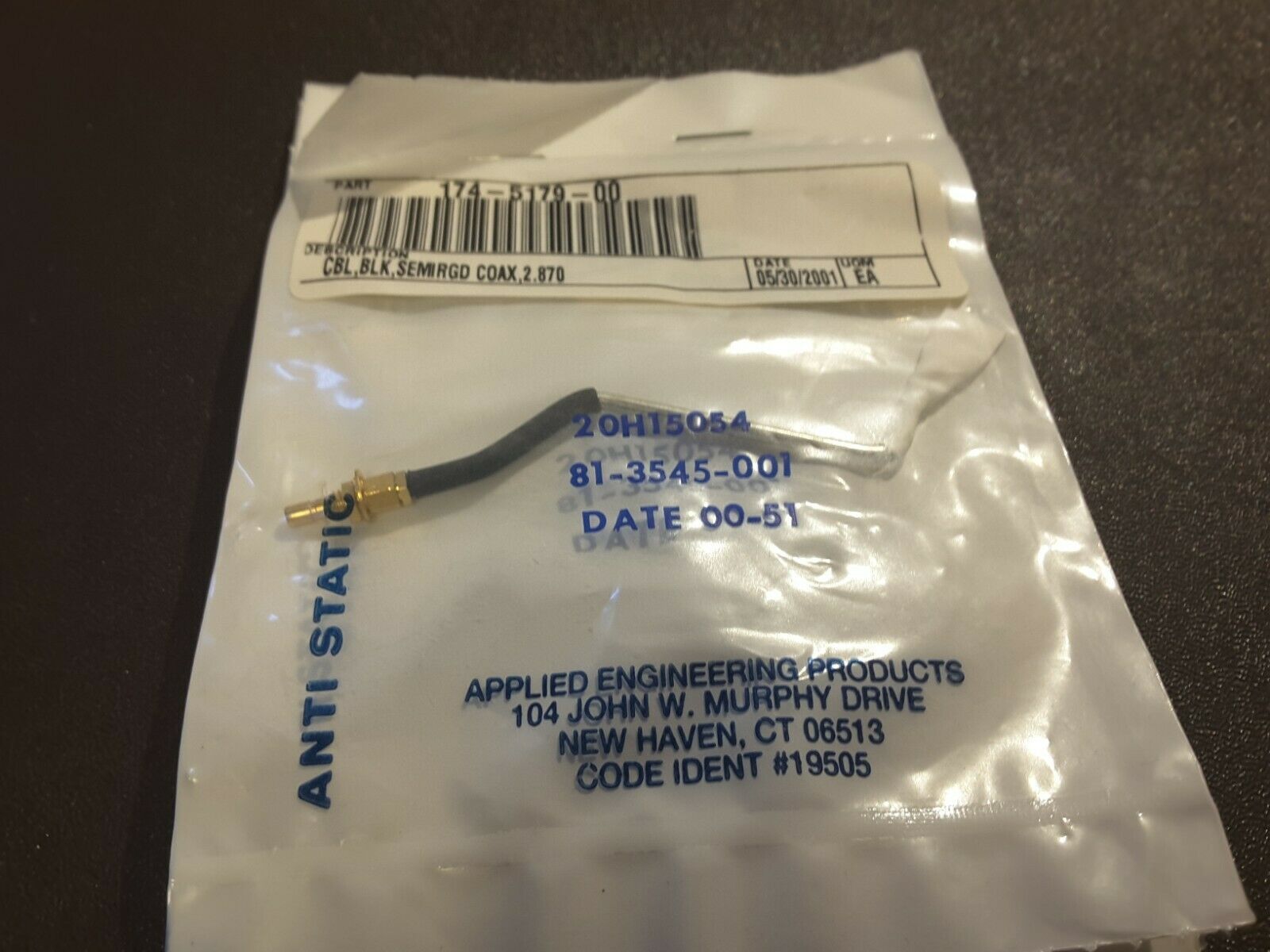 20H15054 81-3545-001 174-5179-00 COAX 2.870 APPLIED ENGINEERING NEW $19 - $18.69