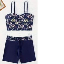 Womens Swimsuit Tankini Shorts Blue Purple Floral Swim Stretch 2 Pc Set-... - $29.70