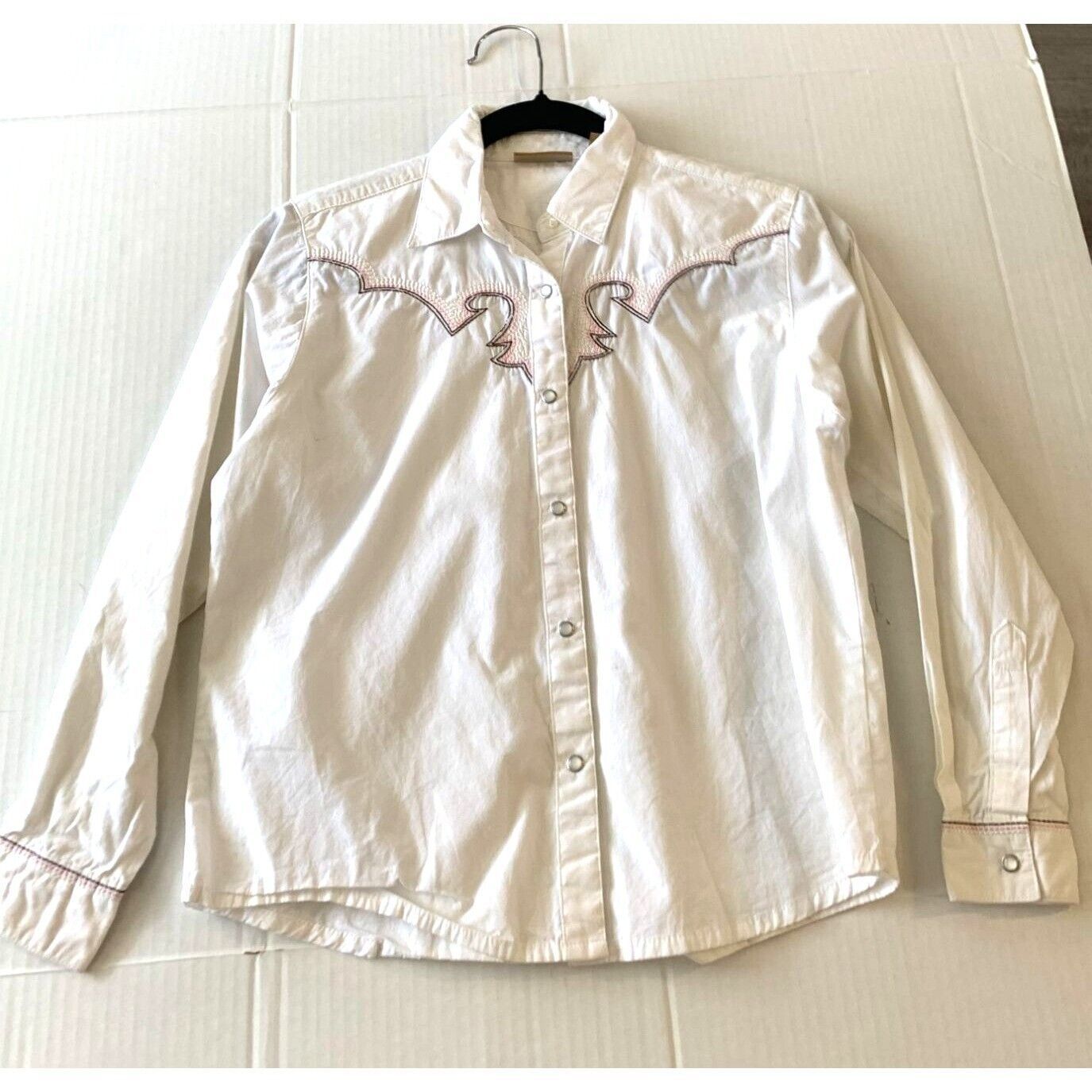 Wrangler Girls Size XXL 14 Button Up Shirt Pearl Snap Western Top White Pink Bro - $24.74