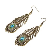 New Fashion Ethnic Blue Rhinestone Peacock Eye Drop Earrings for Women Vintage D - £6.68 GBP