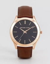 Michael Kors Men&#39;s Slim Runway Black Dial Gold Brown Leather 44 mm Watch MK8509 - £27.10 GBP