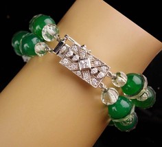 Art deco cut crystal bracelet / Vintage filigree sterling clasp - Green glass st - £115.48 GBP