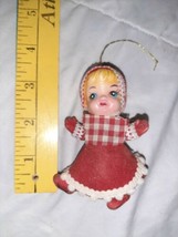 Vintage Flocked GIRL Christmas Ornament Sweet RED Dress Plastic 60s Blow... - $10.99