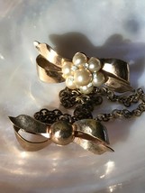 Vintage Goldtone Ribbon Bow with Faux Pearl &amp; Rhinestones Center Connected with  - £9.54 GBP