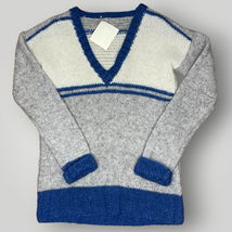 Vintage Handmade V-Neck Blue Gray Sweater Wool 1970s Women&#39;s Retro L - £50.27 GBP