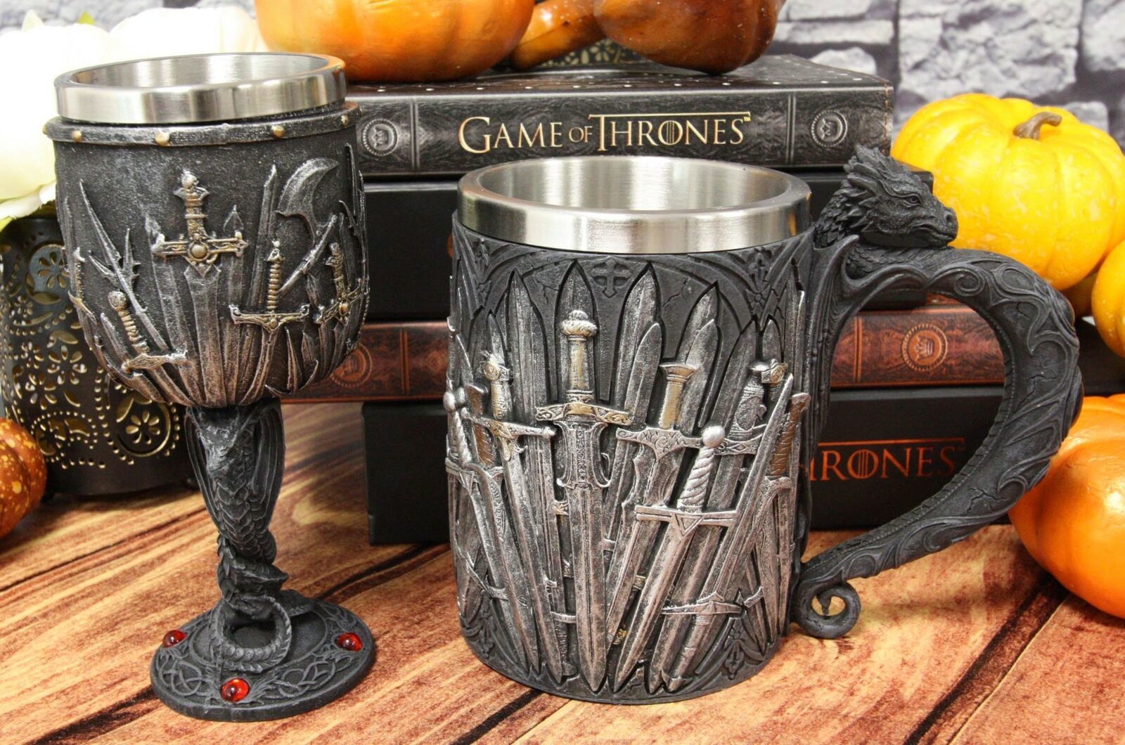 Set of 2 Medieval Valyrian Steel Swords Wine Goblet And Dragon Iron Throne Mug