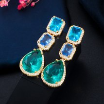 Unique Designer Big Long Water Drop Blue Crystal Cubic Zirconia Bohemian Earring - £18.04 GBP