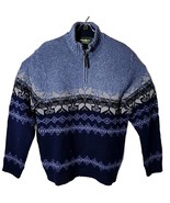 Eddie Bauer Men L 100 % Lambs Wool Blue 1/4 Zip Fair Isle Snowflakes Swe... - $58.66