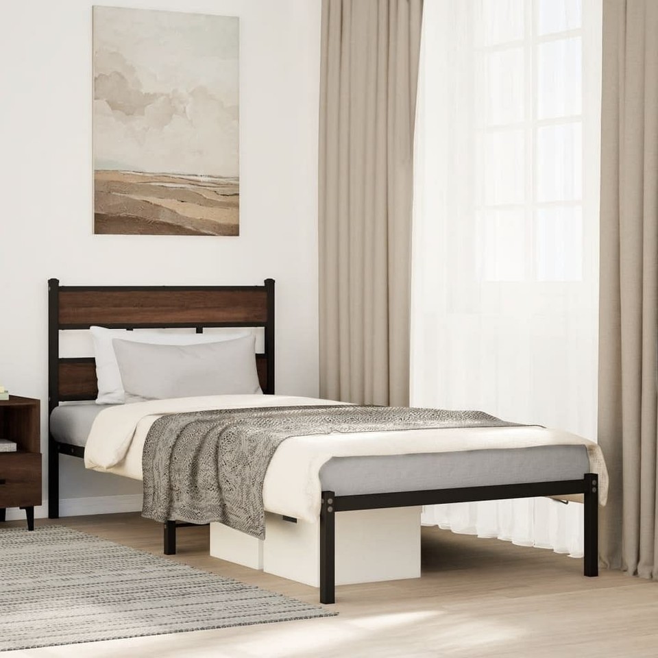 vidaXL Bed Frame Brown Oak Steel and engineered wood Single Bed Frame - $180.46