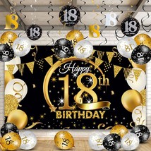 Happy 18Th Birthday Party Decorations Kit, Black Gold Glittery Happy 18Th Birthd - £30.36 GBP