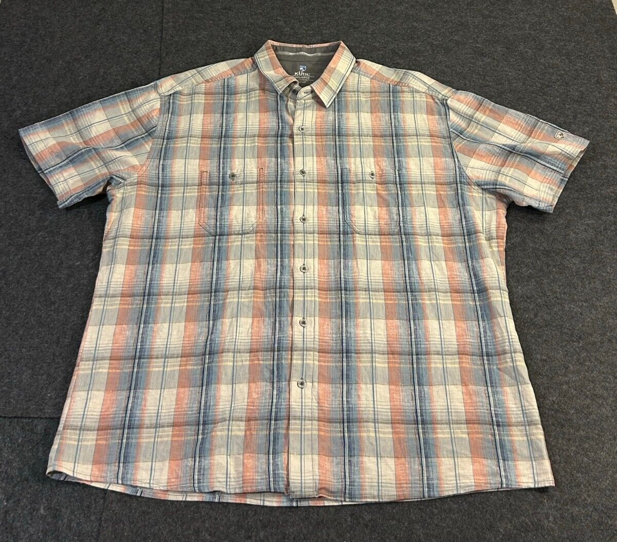 Primary image for Kuhl Shirt Men's 2XL XXL Blue Gray Plaid Button Up Linen Blend Short Sleeve