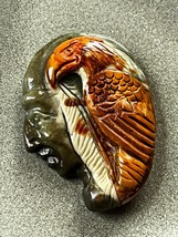 Nicely Carved Large Green Elder w Gray Feather &amp; Rust Eagle Bird Stone Pendant - £30.43 GBP
