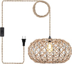 Woven Weaved Metal Cage Hanging Pendant Light Plug-in 14&#39; Cord Lamp Boho Natural - £39.92 GBP