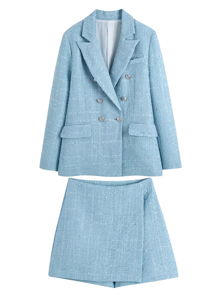 TRAF Casual  Spring Women Tweed Jacket Suit Ornate Buttons Loose Blazer + Skorts - £110.64 GBP